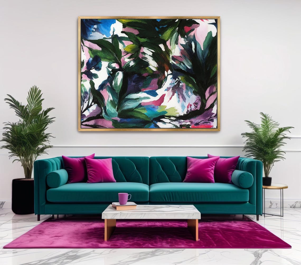Hand Painted Abstract Acrylic Painting Large Artwork Art Black White Green Blue Pink Tropical Colorful Textured Framed Wall Decor - Image 4