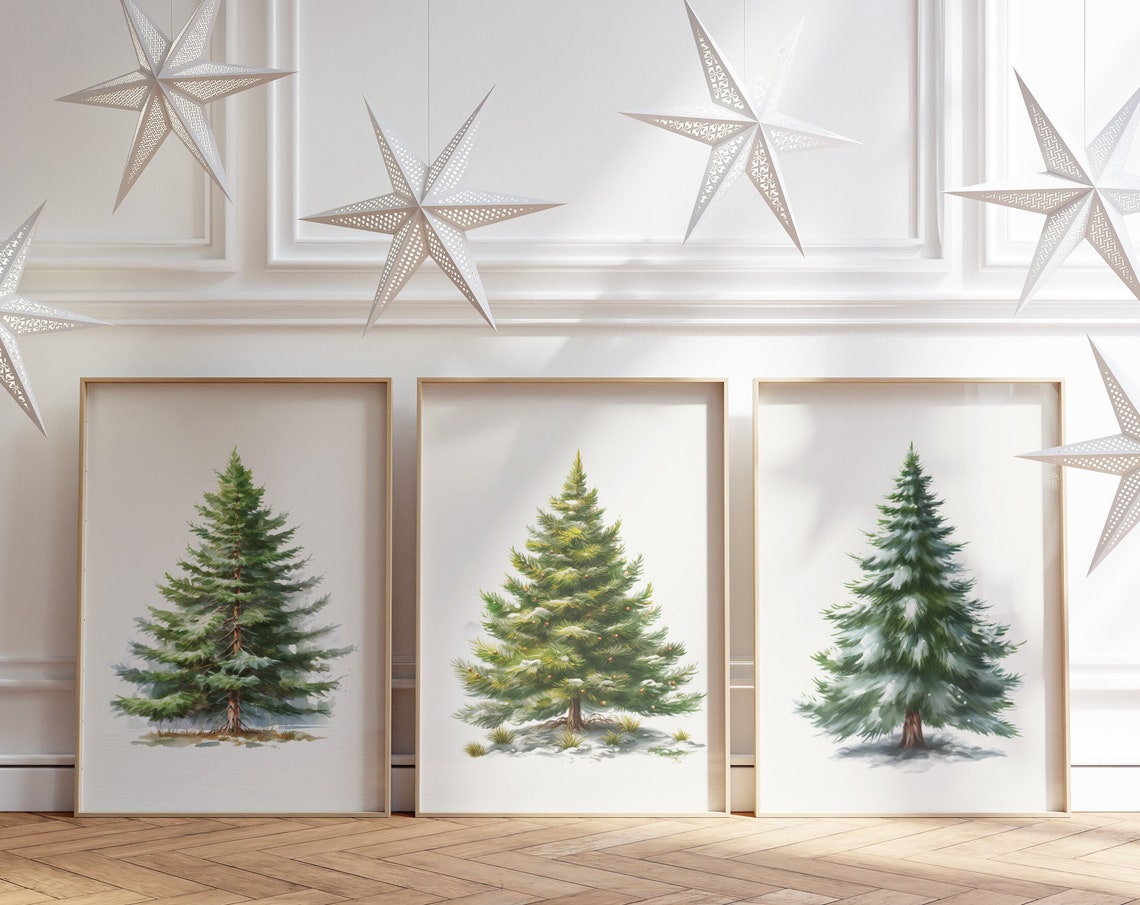 Watercolor Evergreen Tree Trio Christmas Holiday Gallery Wall Art