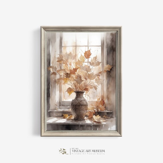 Watercolor Autumn Maple Leaves Vase Sunlit Windowsill Fall Poster