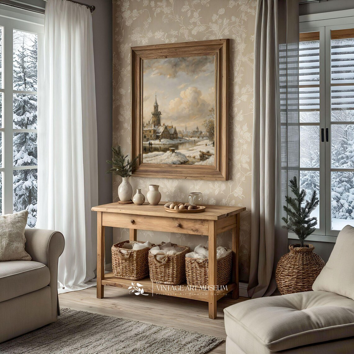 Historic Tower by Snowy Canal With Distant Bridge Vintage Winter Poster - Image 2