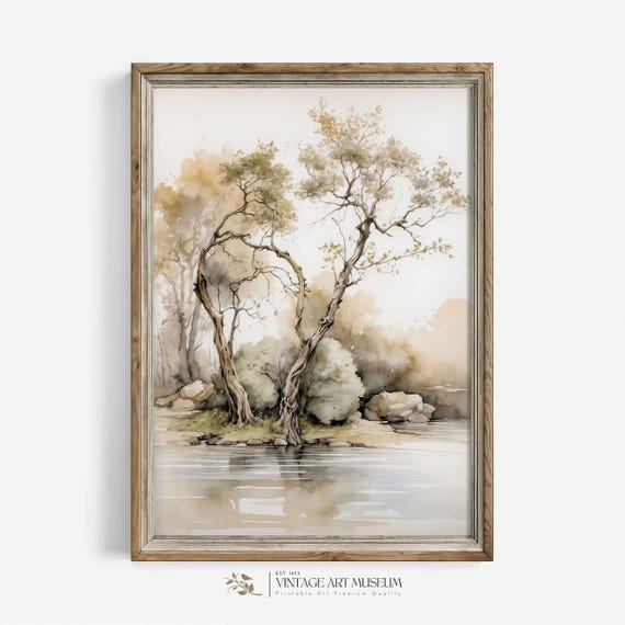 Minimalistic Garden Tree By The River Watercolor Art Print