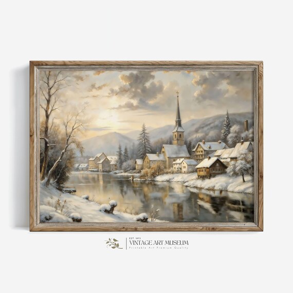 Riverside Winter Village With Church Reflected in Calm Water Poster
