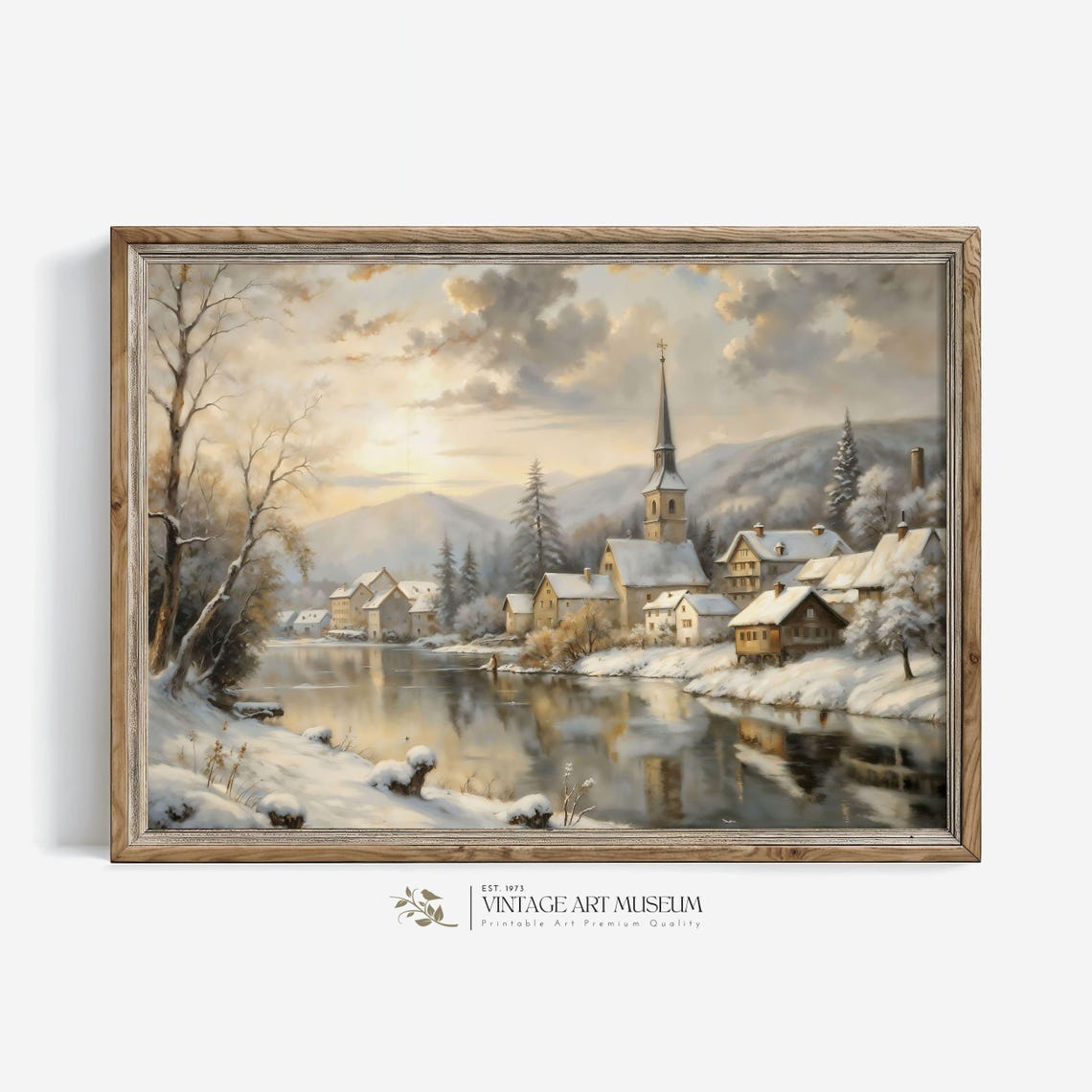 Riverside Winter Village With Church Reflected in Calm Water Poster