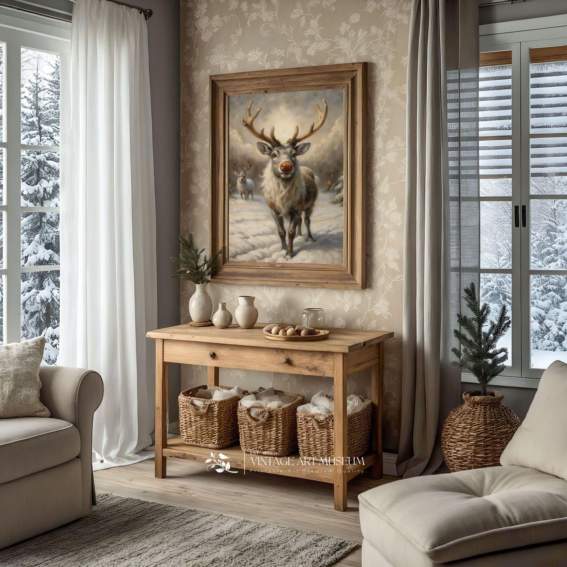 Rudolph Red Nosed Reindeer Cozy Winter Snow Scene Christmas Wall Art