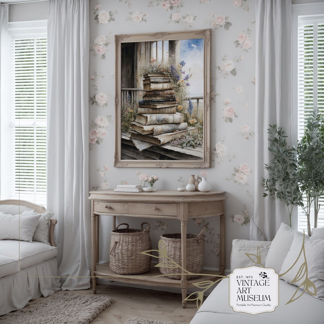 Stack Of Old Books With Wildflowers Watercolor Art Print - Image 2
