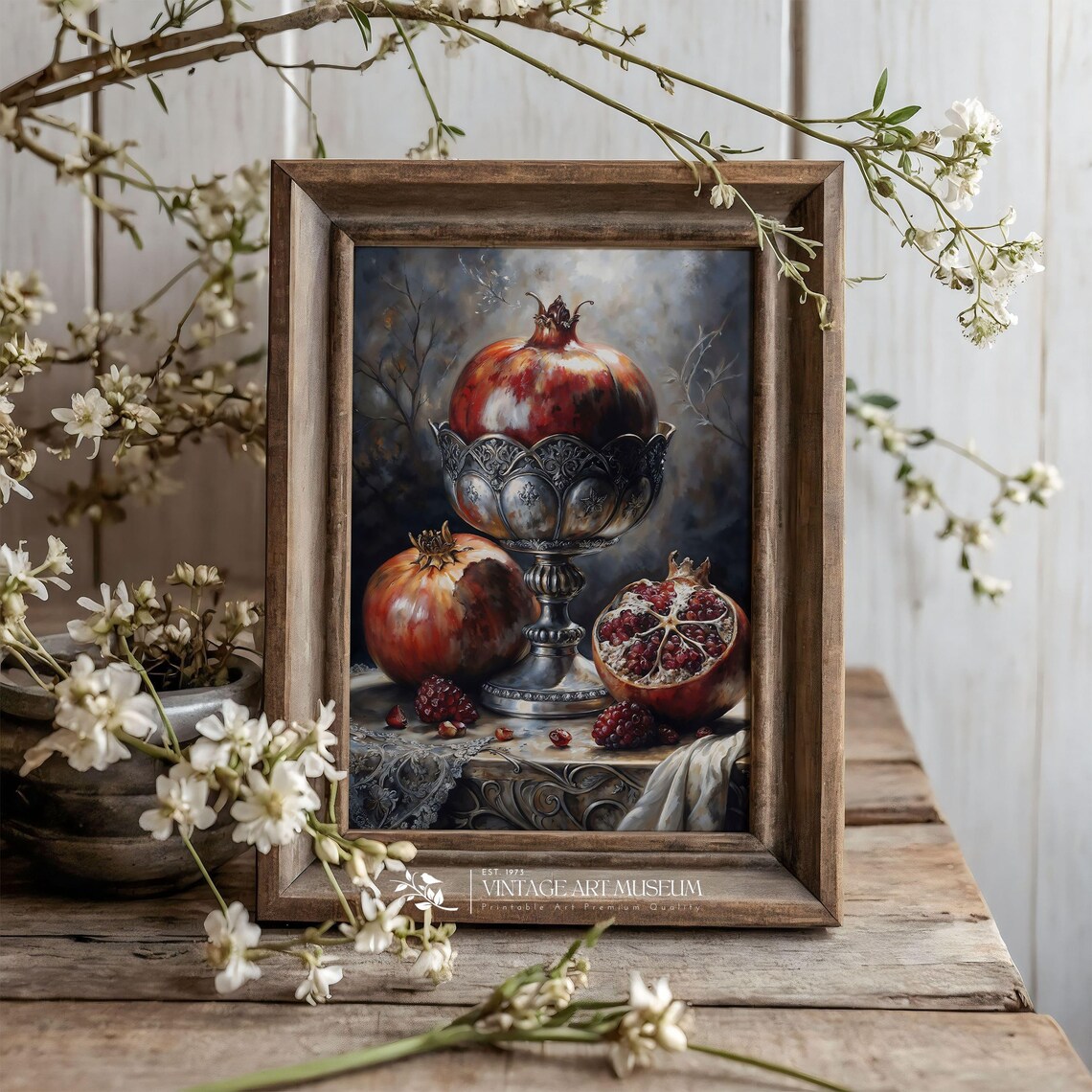 Vintage Pomegranate Still Life Oil Painting Kitchen Wall Art - Image 3