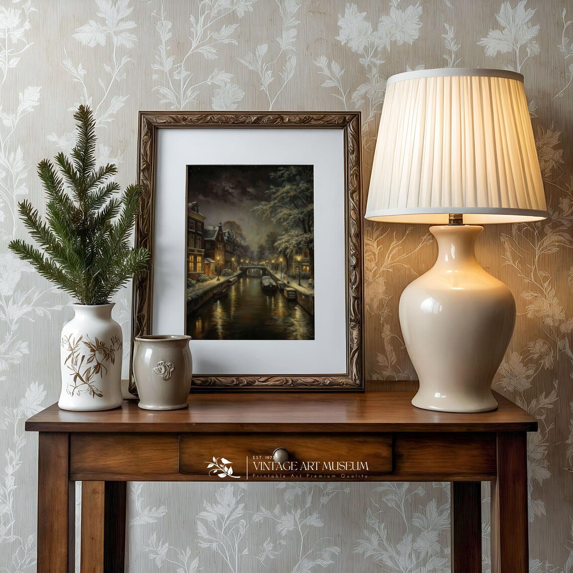 Snowy Amsterdam Canal At Night Lamplight Reflections Vintage Art Poster - Image 3