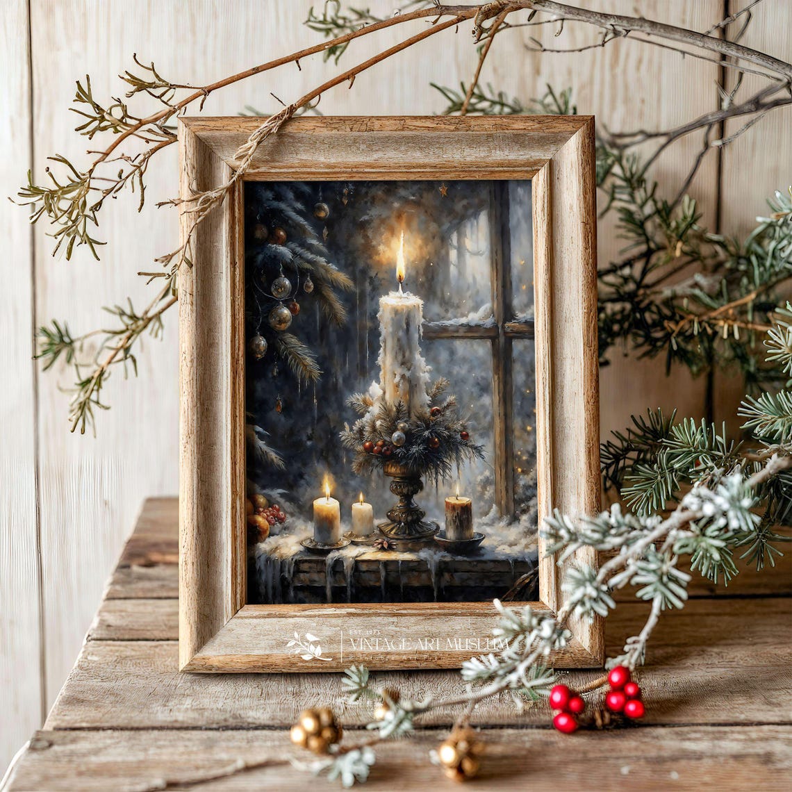 Lit Christmas Candle by Snowy Window Dark Moody Holiday Wall Art - Image 3