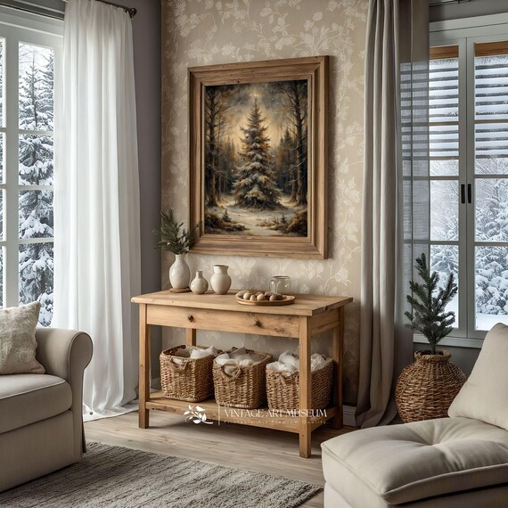 Christmas Tree In Dark Forest, Vintage Art Print