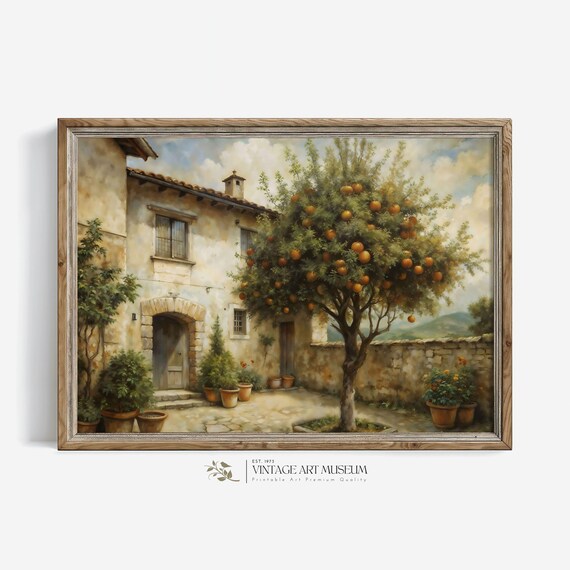 Italian Farmhouse Courtyard With Orange Tree Vintage Sunlit Art Poster