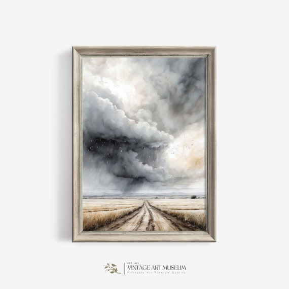 Vintage Rainy Cloud Print Moody Watercolor Field Landscape Wall Art Original Artwork Neutral Cottagecore Farmhouse Decor 302