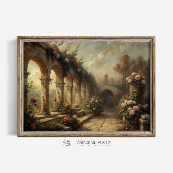 Ancient Park Alley with Stone Arches and Roses Vintage Oil Painting Wall Art