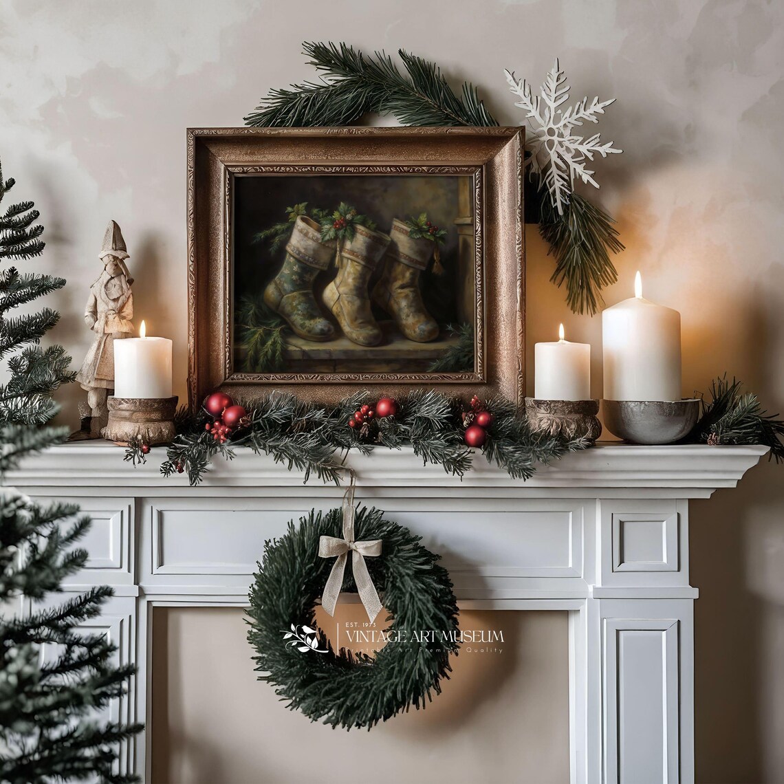 Three Vintage Christmas Stockings Filled With Holly on Mantel Poster - Image 3