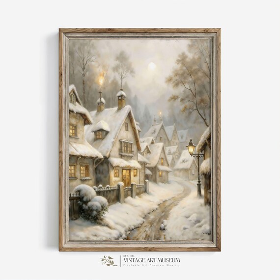 Snowy Street Cozy Village Winter Scene, Vintage Art Print