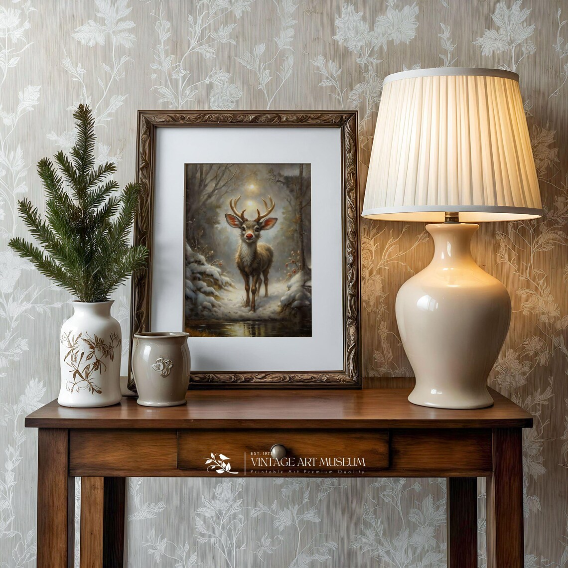 Rudolph in a Snowy Scene, Vintage Christmas Art Print - Image 3