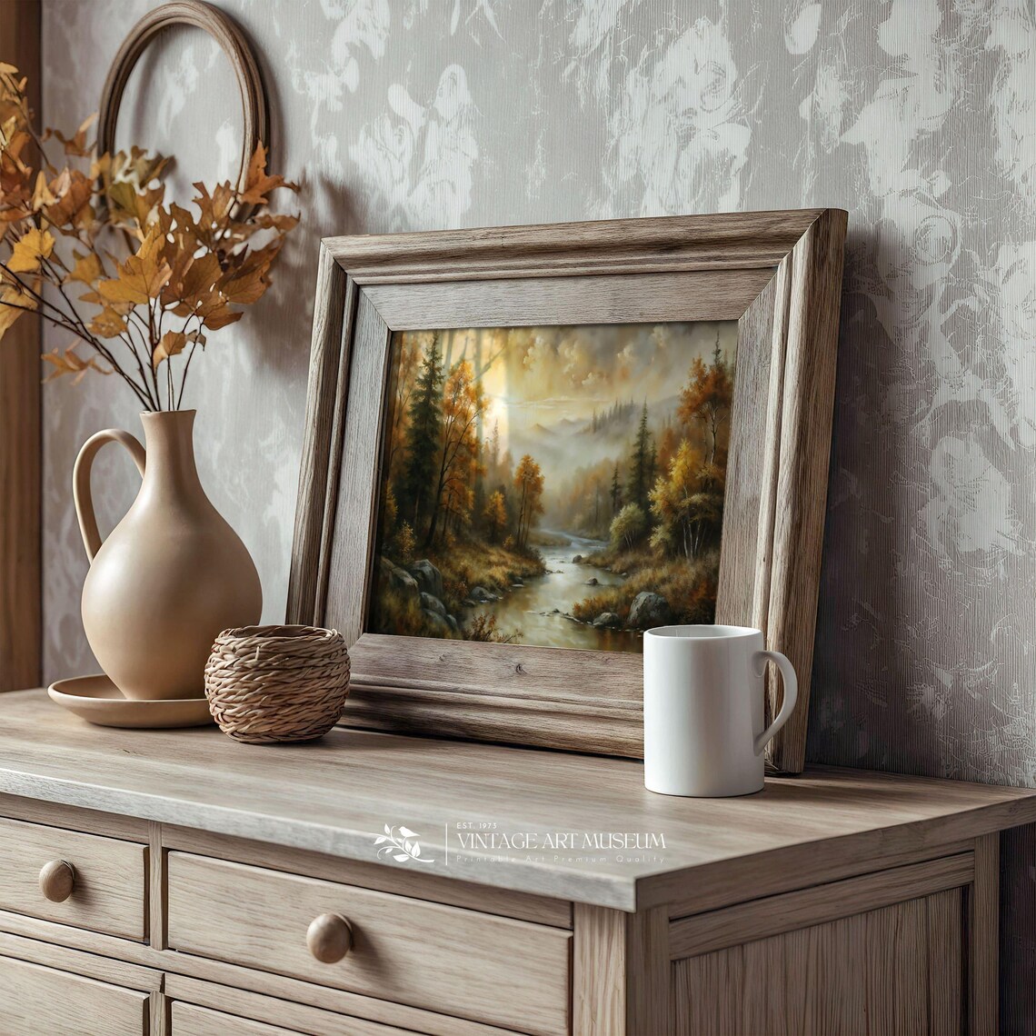 Autumn Forest River Landscape, Vintage Oil Painting Print - Image 3