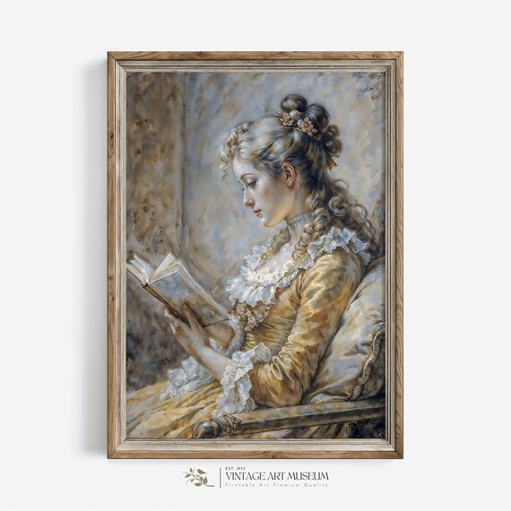 Woman Reading Book Vintage Portrait Painting Kids Room Wall Art