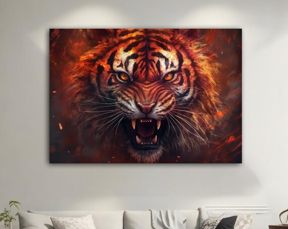 Roaring Tiger Fiery Eyes Orange Flames Powerful Wild Animal Art Poster