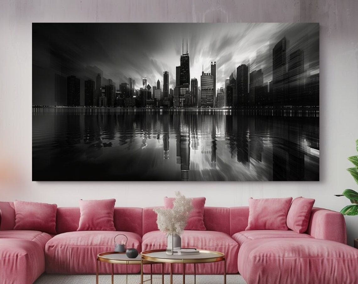 Chicago Skyline Black White Lake Reflection Dramatic City Poster