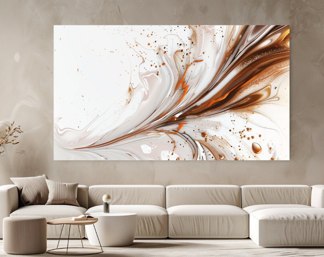White Brown Abstract Feather Swirl Marbled Ink Flow Art Poster
