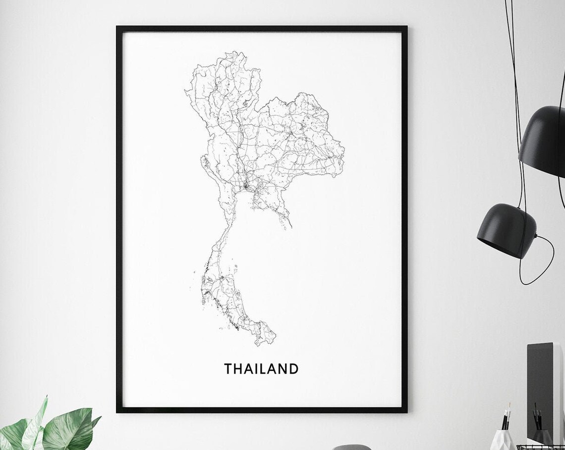 Thailand Map Print Art, Modern Black White Poster