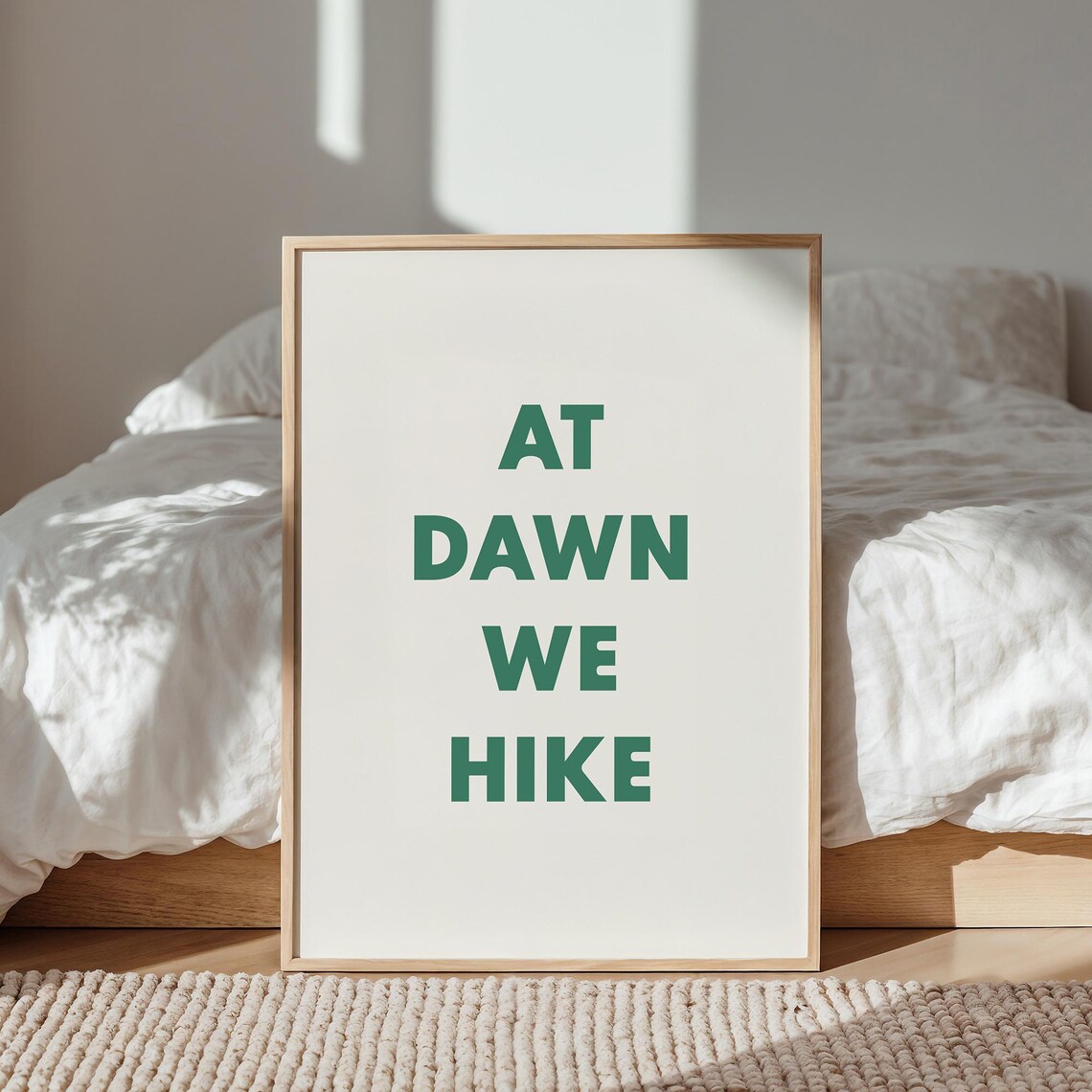 At Dawn We Hike Green Typography Outdoor Adventure Quote Poster