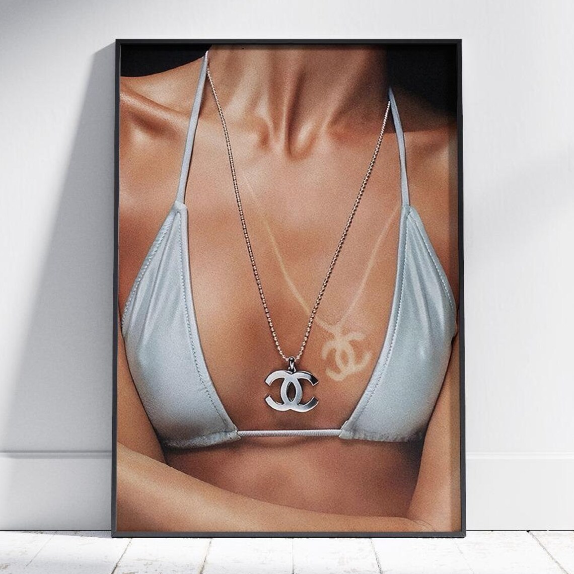 White Bikini Chanel Necklace Tan Lines Luxury Fashion Poster