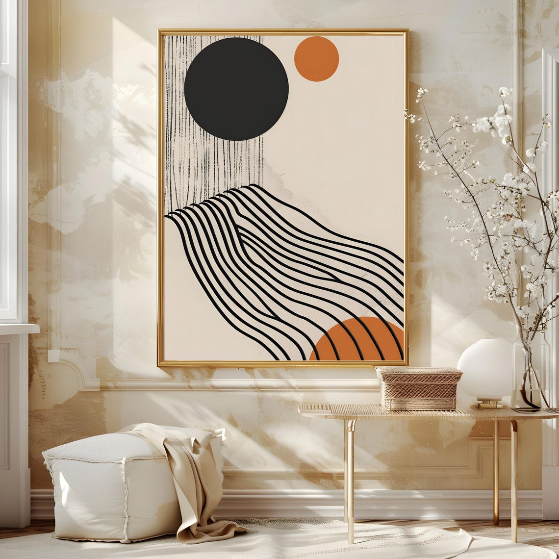 Mid Century Modern Orange Sun Black Wave Lines Cream Art Poster - Image 3