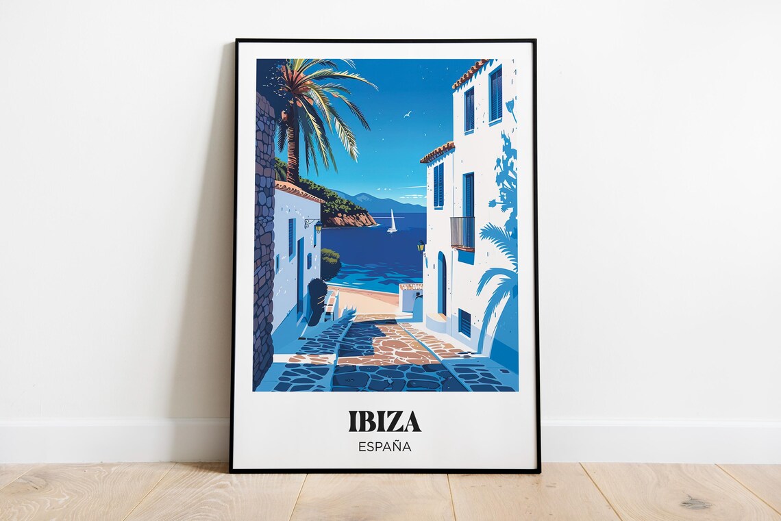 Ibiza Spain Whitewashed Alley to the Sea Sailboat Retro Travel Poster