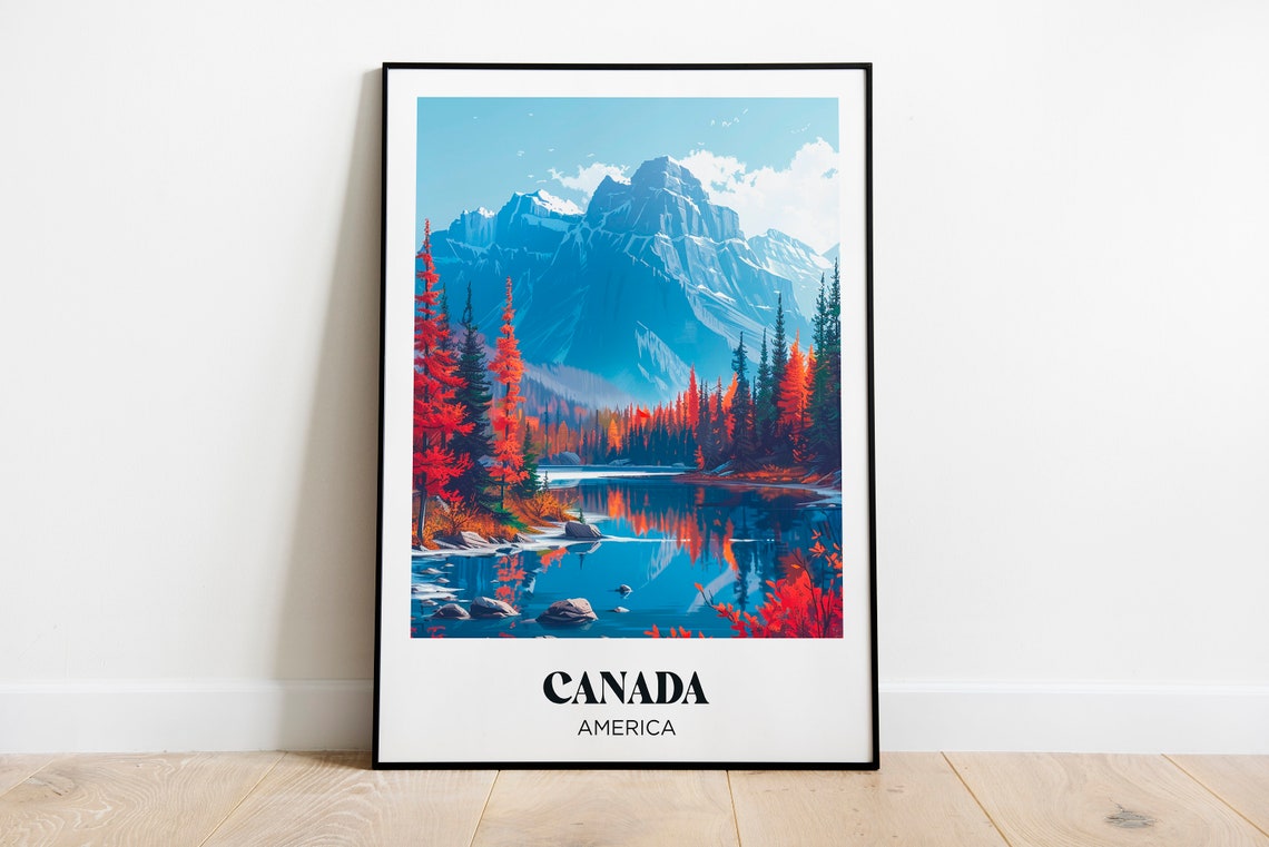 Canada Rocky Mountain Lake Autumn Colors Reflection Travel Poster