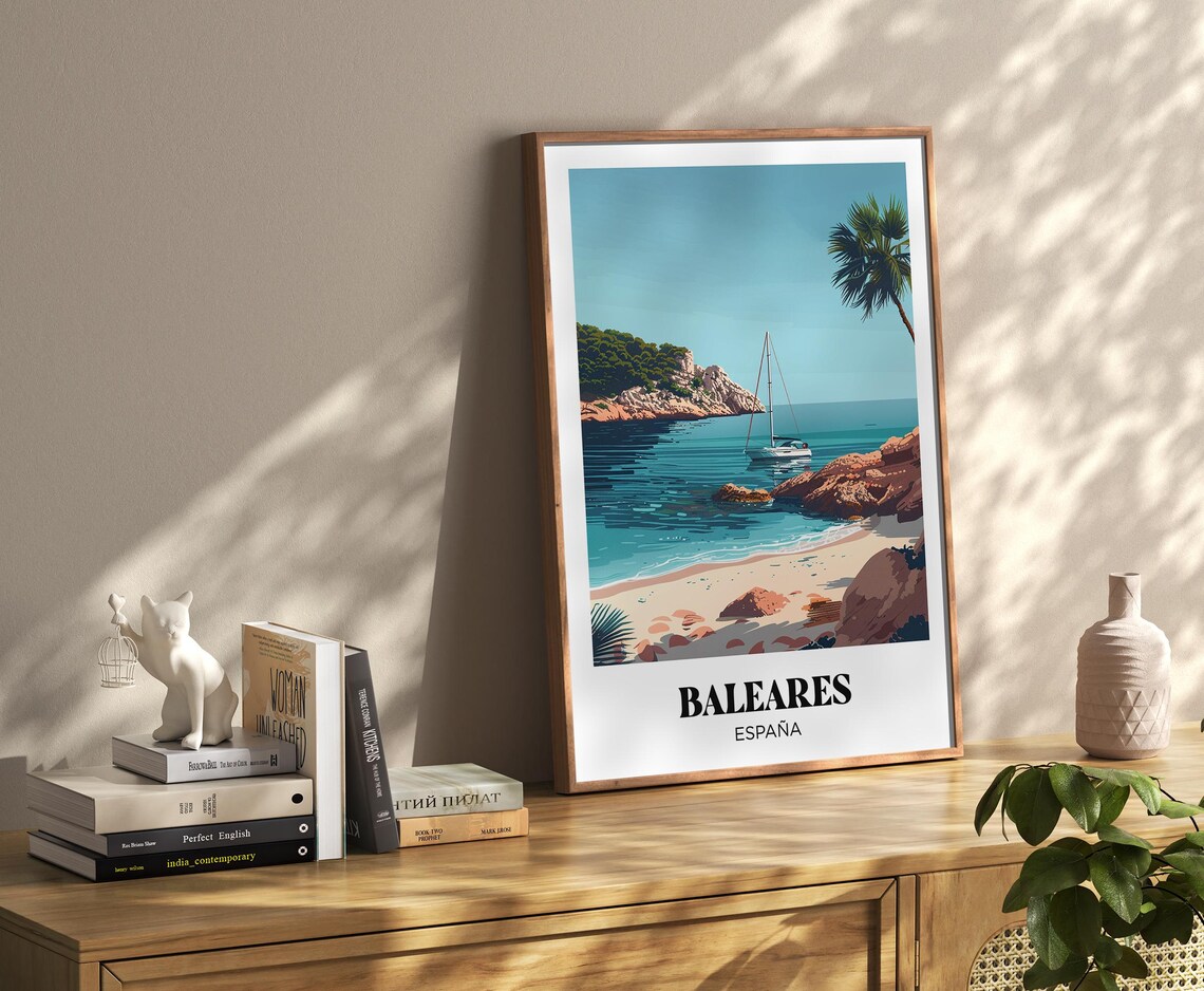 Baleares Spain Sailboat Cove Rocky Beach Turquoise Sea Travel Poster - Image 3