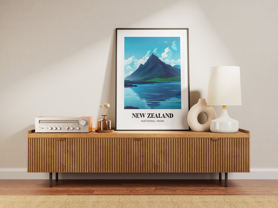 New Zealand National Park Mountain Peak Lake Mirror Travel Poster - Image 3