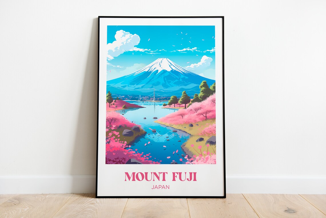 Mount Fuji Japan Cherry Blossoms Lake Reflection Travel Poster
