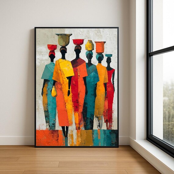 Six Women Balancing Pots Colorful Textured African Painting Poster