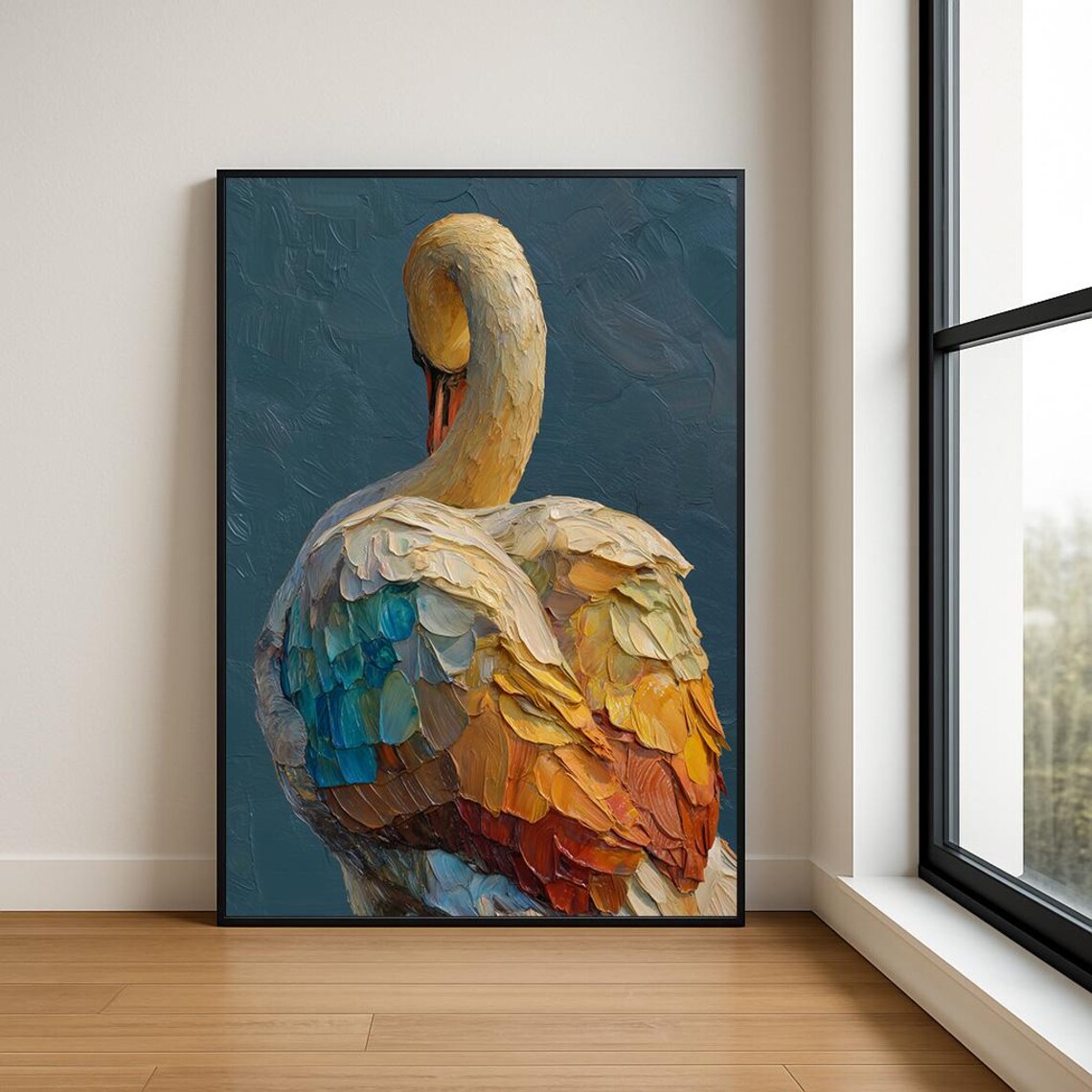 Colorful Swan Preening Impasto Oil Painting Vibrant Bird Art Poster