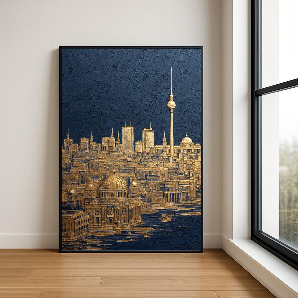 Berlin TV Tower Skyline Gold on Navy Textured Cityscape Poster