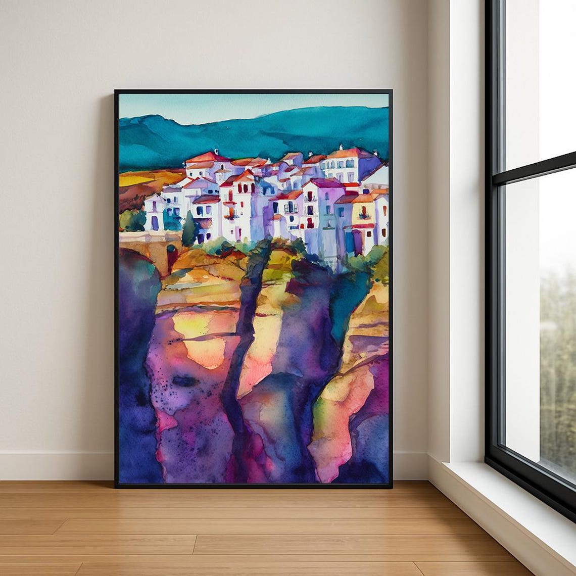 Sunlit Cliffside Village Over Deep Gorge Vibrant Watercolor Poster