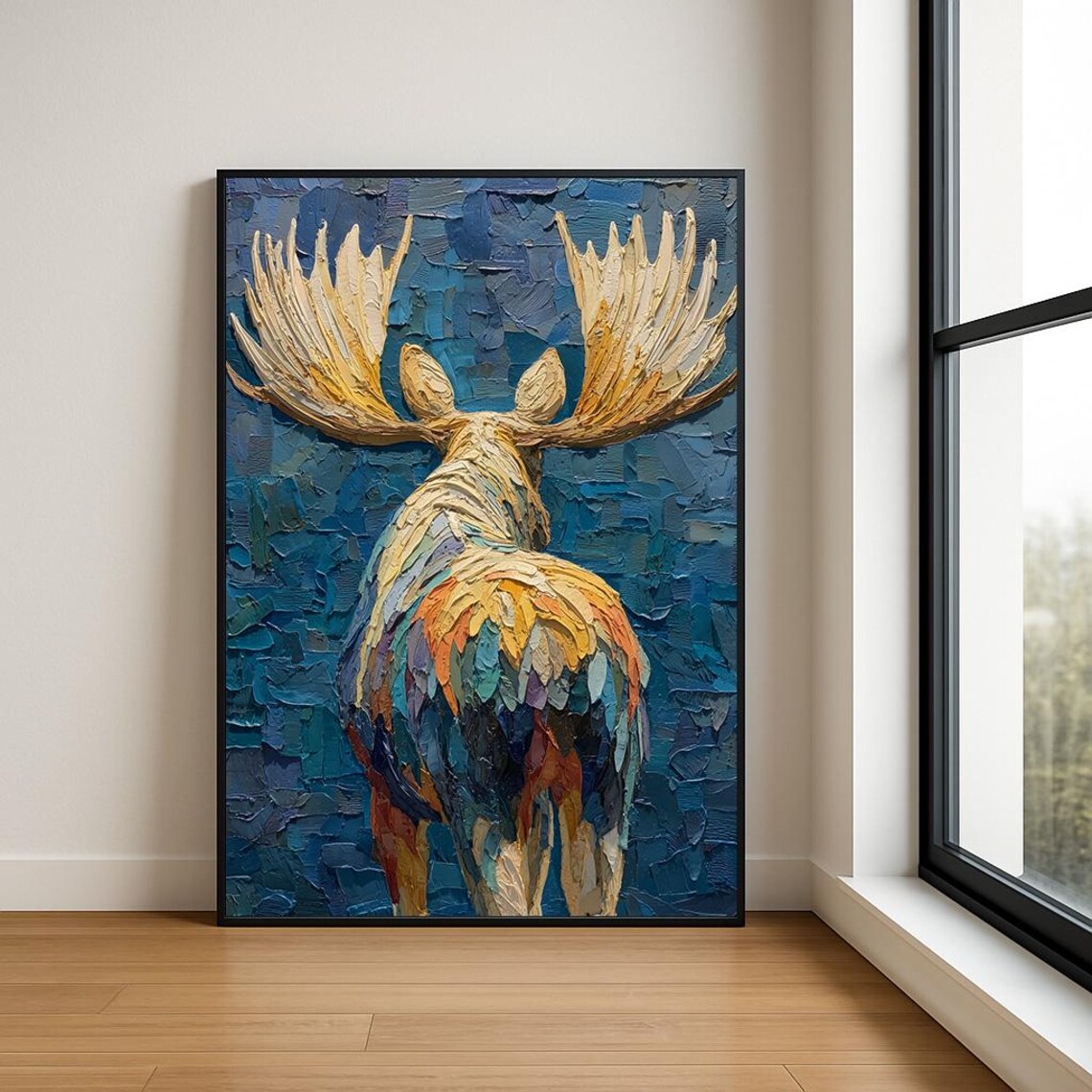 Moose Impasto Oil Painting Majestic Antlers Textured Wildlife Poster