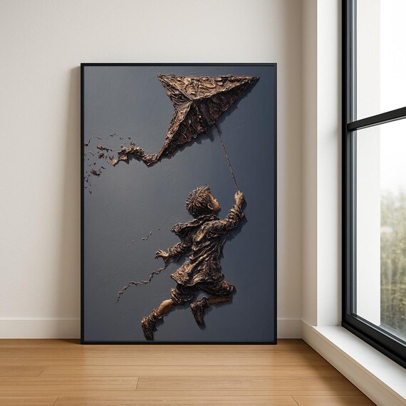 Bronze Boy With Kite Dark Navy Relief Sculpture Style Wall Art