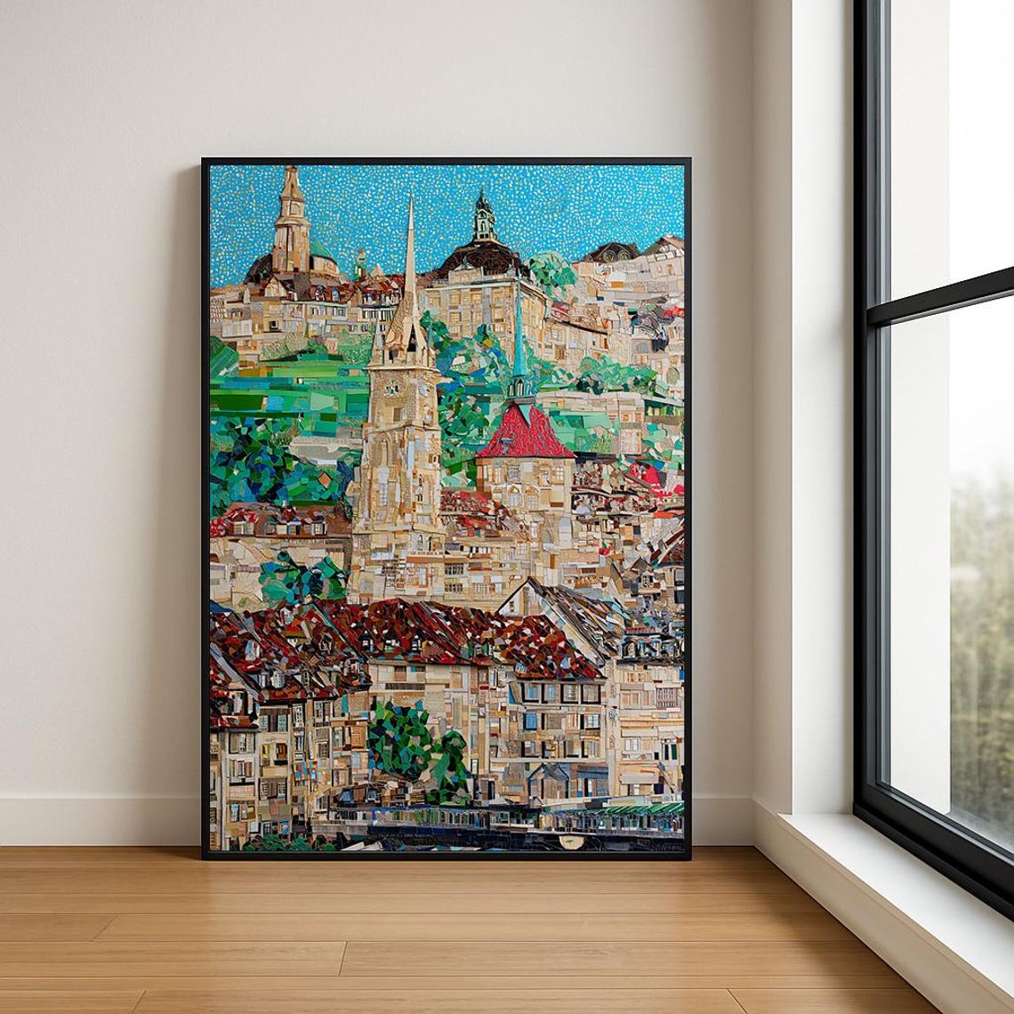 Mosaic European Old Town Church Spires Historic Cityscape Poster