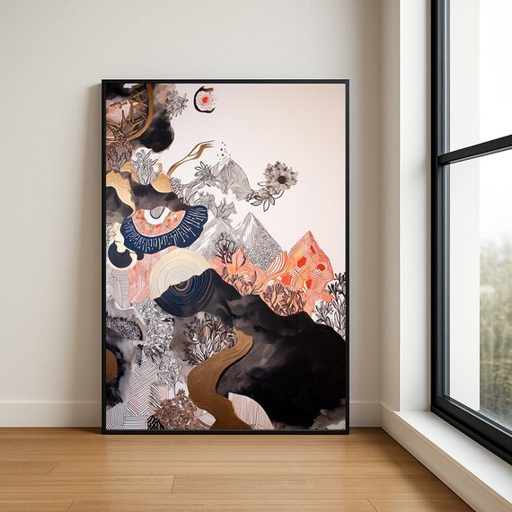 Abstract Ink Wash Mountain Landscape Blush Gold Floral Modern Art Poster