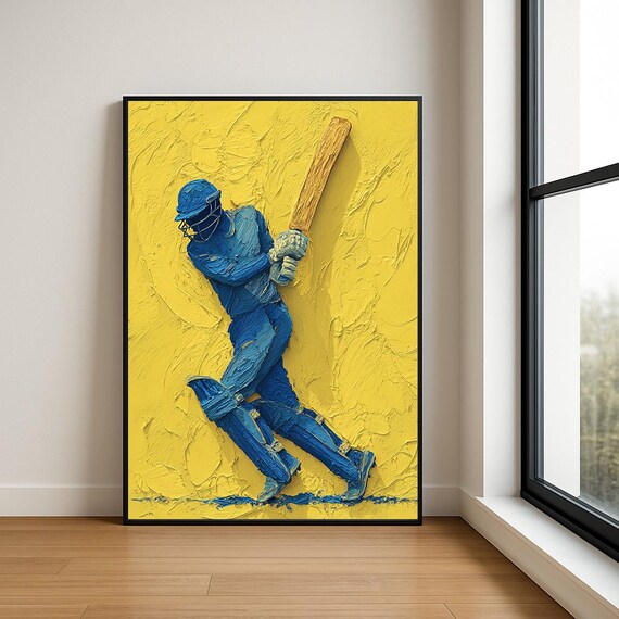 Blue Cricket Batsman Bright Yellow Bold Impasto Sports Poster