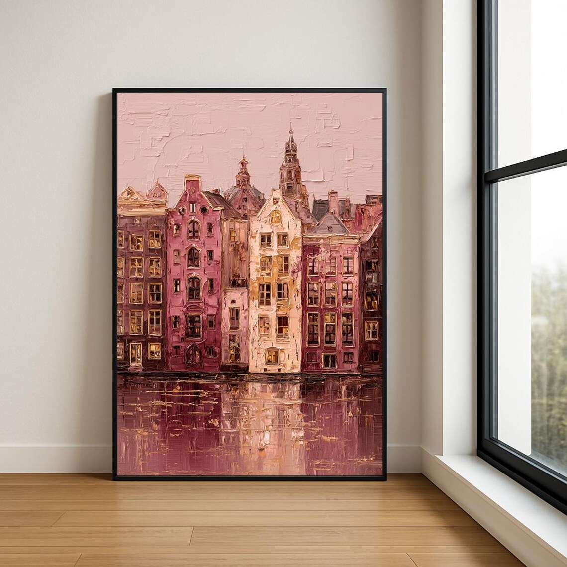 Dutch Canal Houses Pink Impasto Oil Painting Textured Art Poster