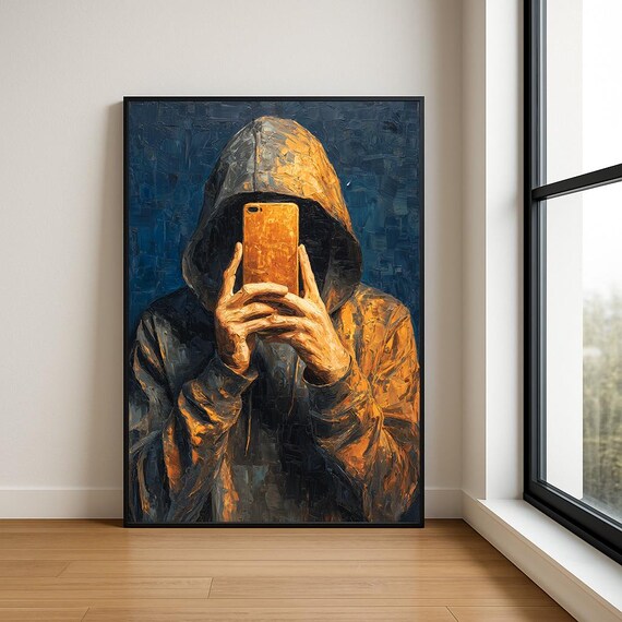 Hoodie Selfie Wall Art Print Modern Textured Oil Painting