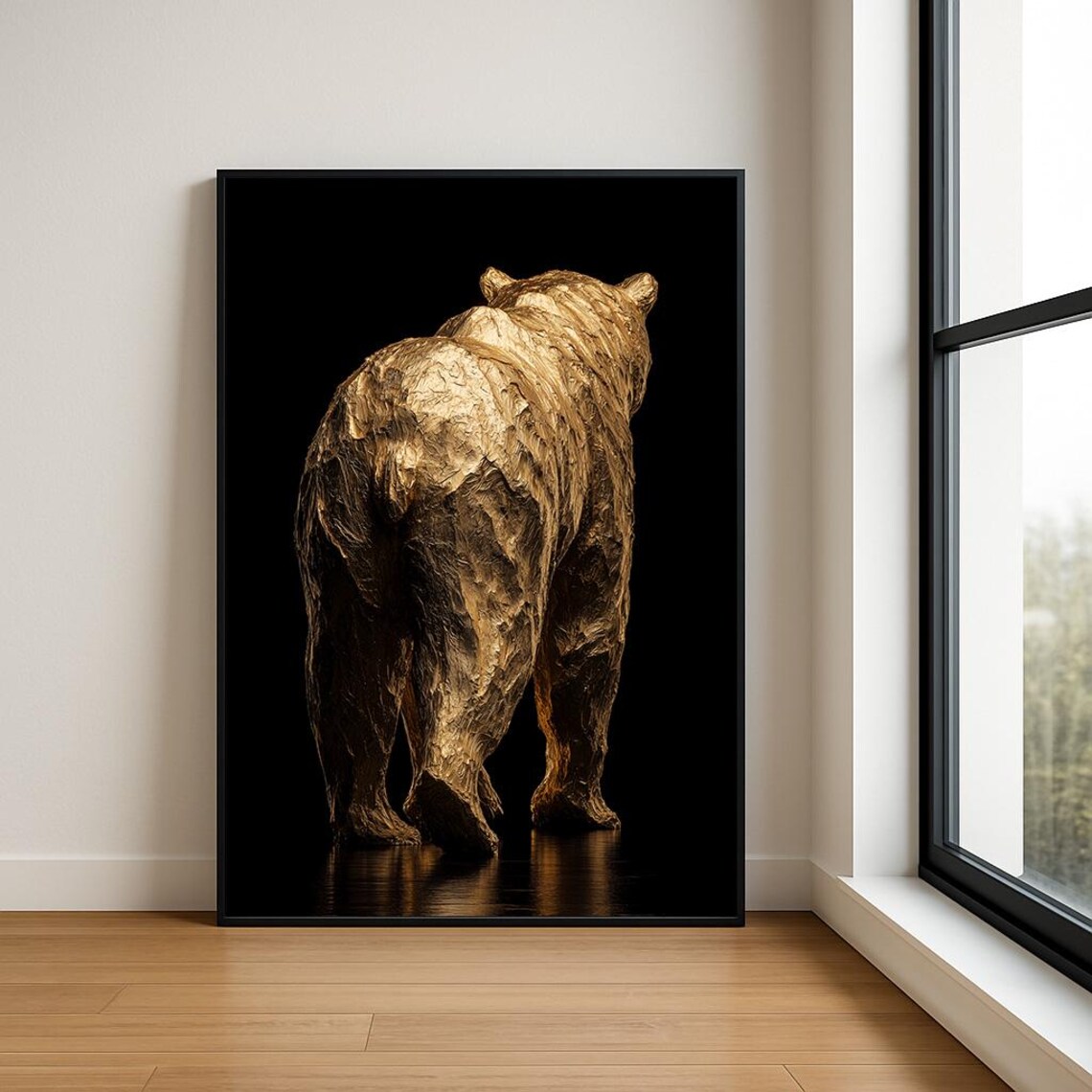Golden Bear Walking Away Textured Oil Painting Black Background Poster