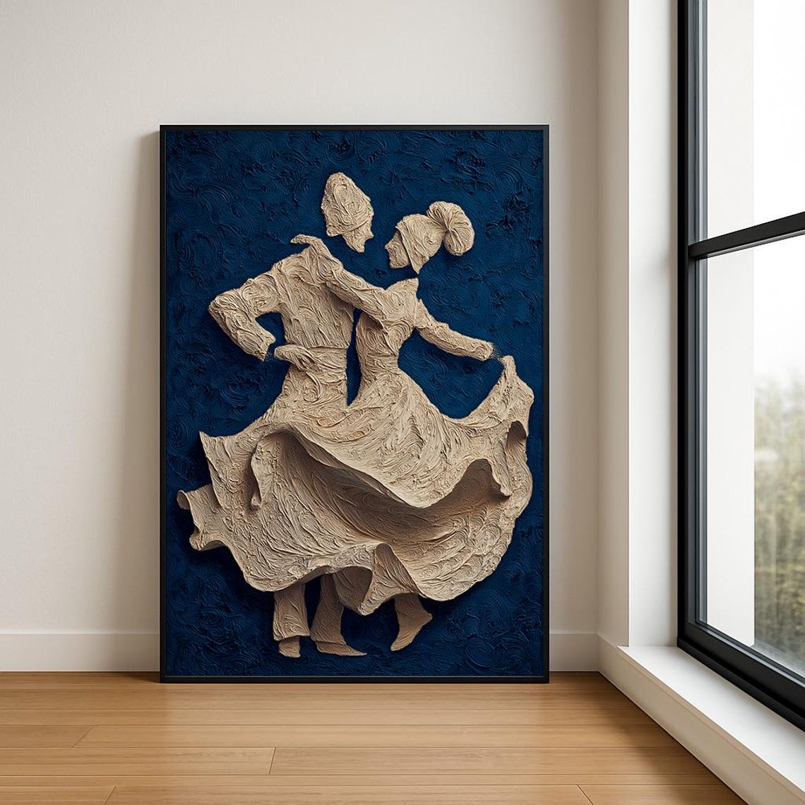 Two Dancers in Cream Impasto on Navy Blue Textured Art Poster