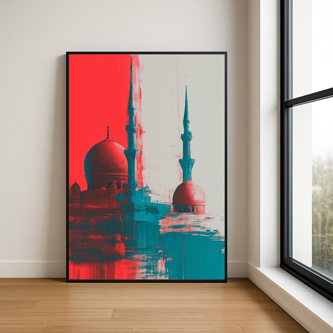 Abstract Mosque Domes Minarets Red Teal Modern Graphic Art Poster