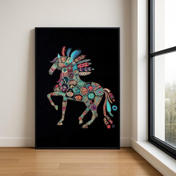 Colourful Embroidered Animal Wall Art Boho Illustration Print Vibrant Textile Style Home Decor