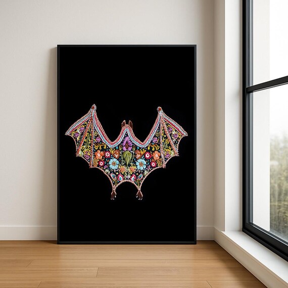Colourful Embroidered Animal Wall Art Boho Illustration Print Vibrant Textile Style Home Decor