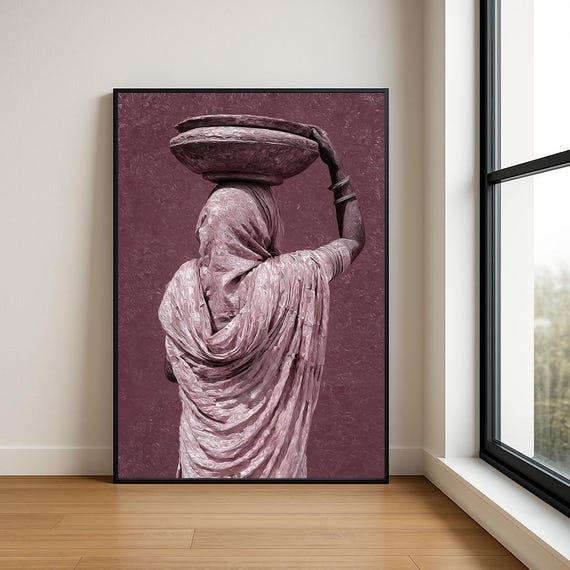 Traditional South Asian Woman Wall Oil Painting Luxury Textured Village Lady Decor
